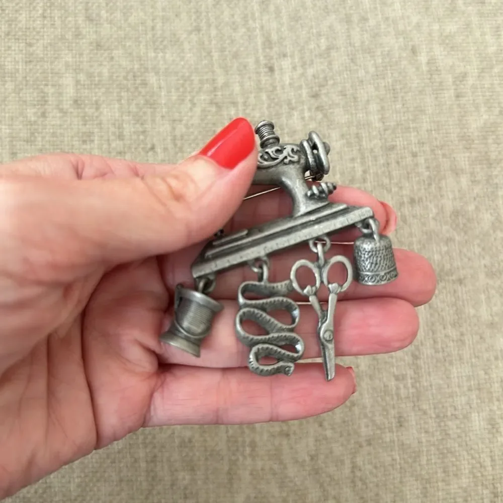 Vintage DaneCraft Pewter Sewing Machine Brooch Pin With Dangles Charms